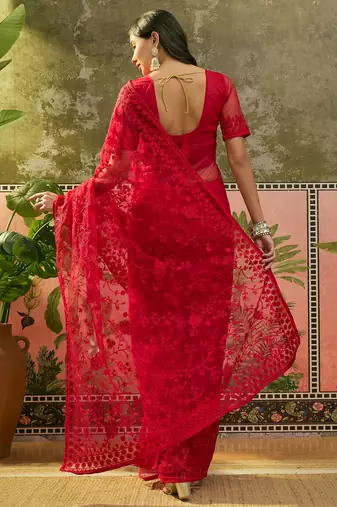 Red embroidered sheer saree with floral motifs