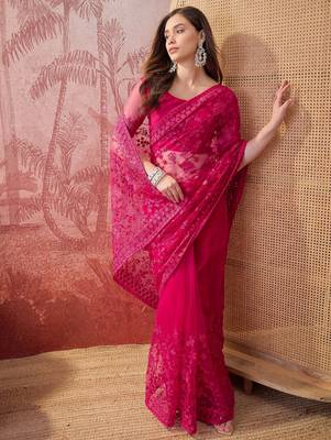 Pink embroidered sheer saree with floral motifs 1