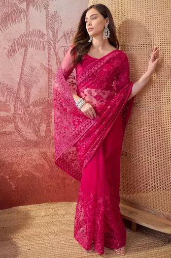 Pink embroidered sheer saree with floral motifs