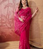 Pink embroidered sheer saree with floral motifs