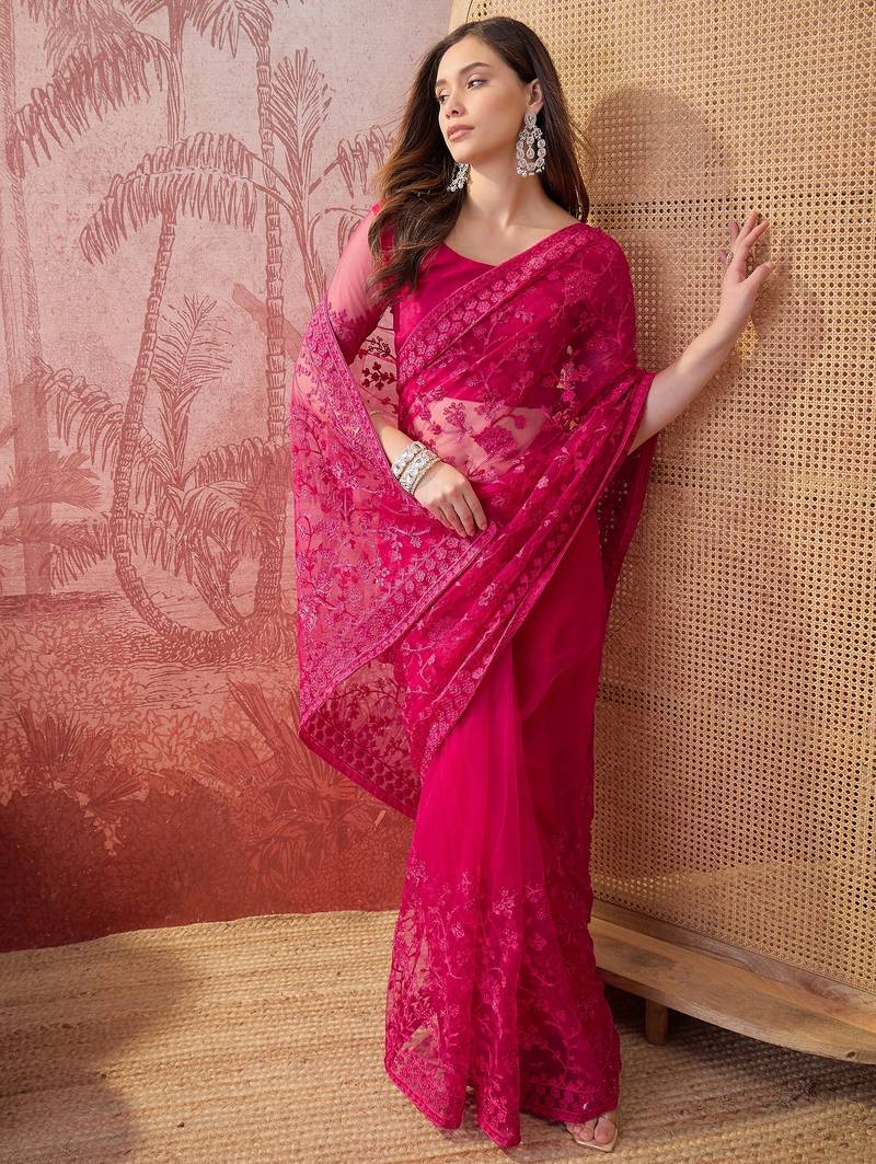 Pink embroidered sheer saree with floral motifs