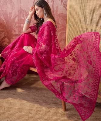 Pink embroidered sheer saree with floral motifs 2