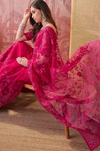 Pink embroidered sheer saree with floral motifs