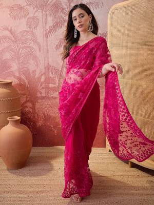 Pink embroidered sheer saree with floral motifs 3