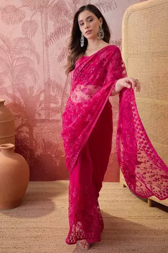 Pink embroidered sheer saree with floral motifs