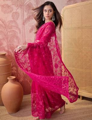 Pink embroidered sheer saree with floral motifs 4