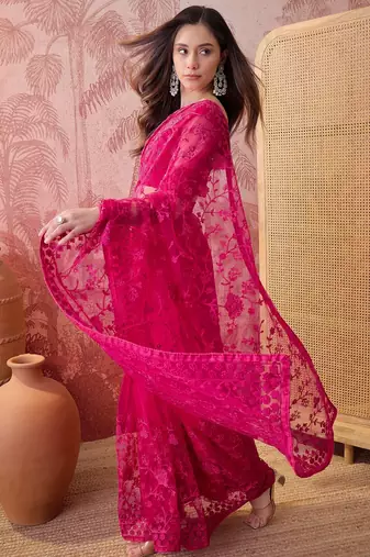 Pink embroidered sheer saree with floral motifs