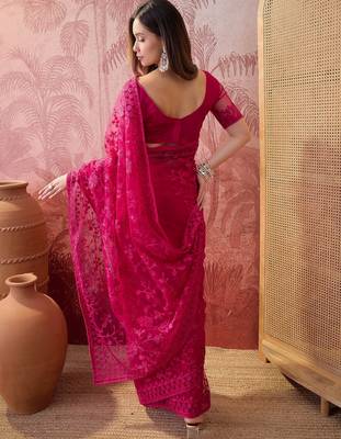 Pink embroidered sheer saree with floral motifs 5