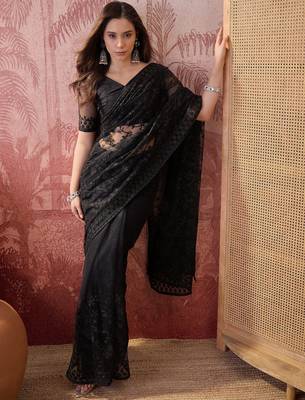 Black embroidered sheer saree with floral motifs 1