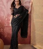 Black embroidered sheer saree with floral motifs