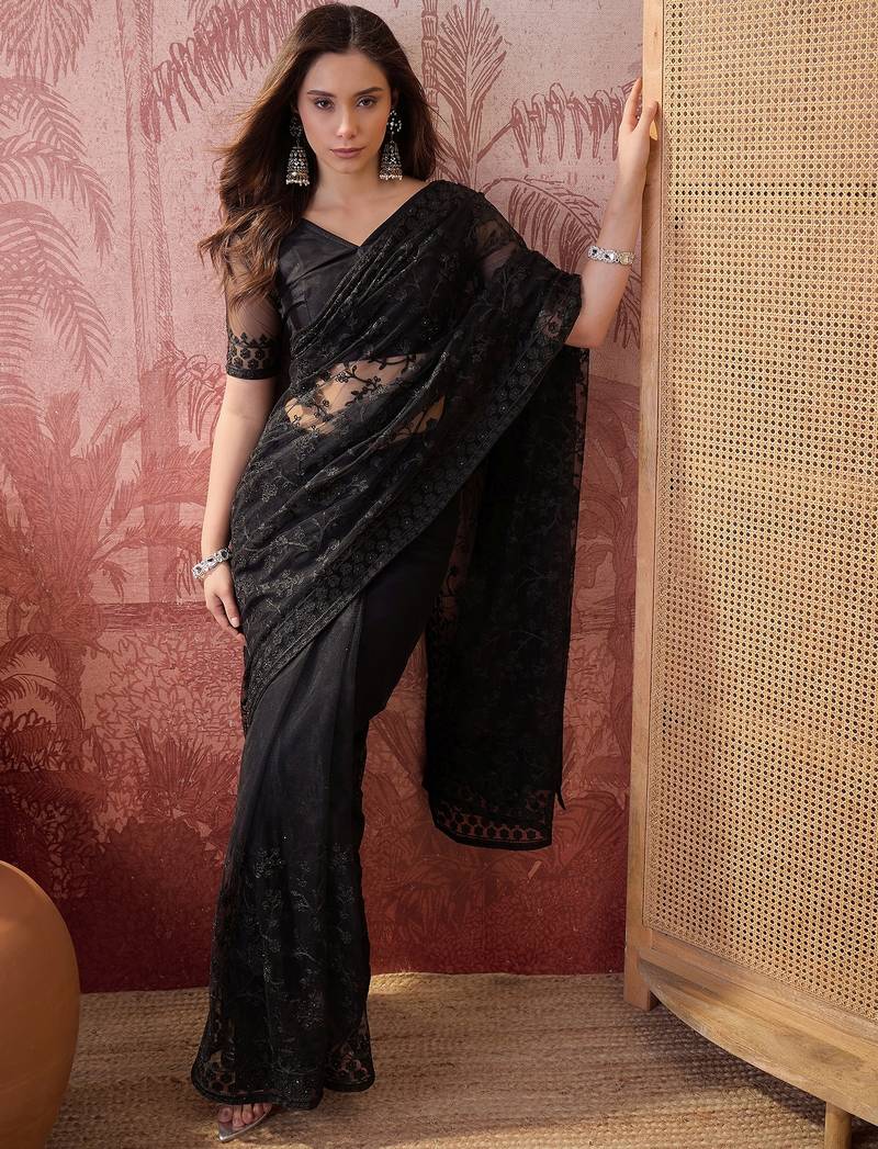 Black embroidered sheer saree with floral motifs