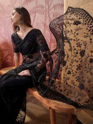 Black embroidered sheer saree with floral motifs 2