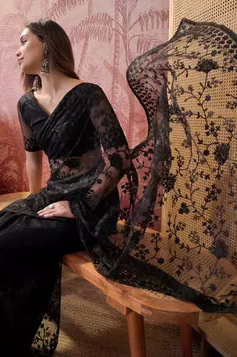 Black embroidered sheer saree with floral motifs