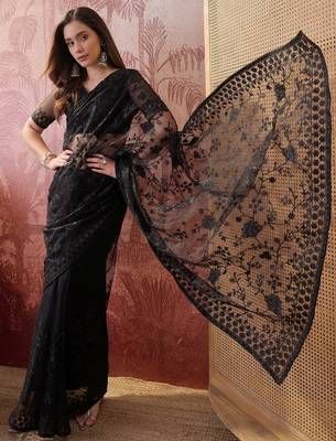 Black embroidered sheer saree with floral motifs 3