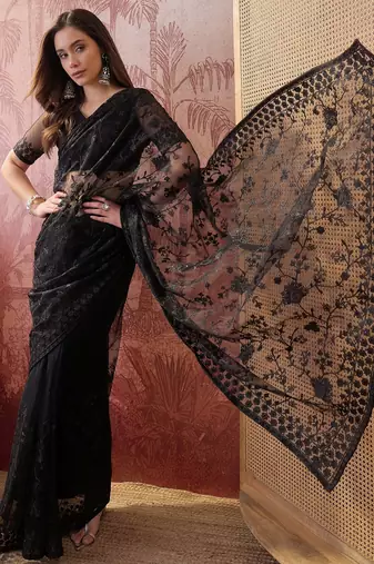 Black embroidered sheer saree with floral motifs