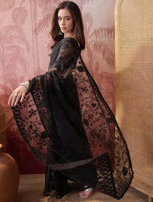 Black embroidered sheer saree with floral motifs 4