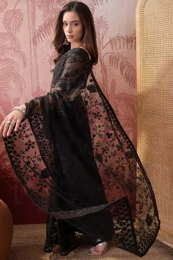 Black embroidered sheer saree with floral motifs
