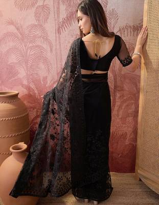 Black embroidered sheer saree with floral motifs 5