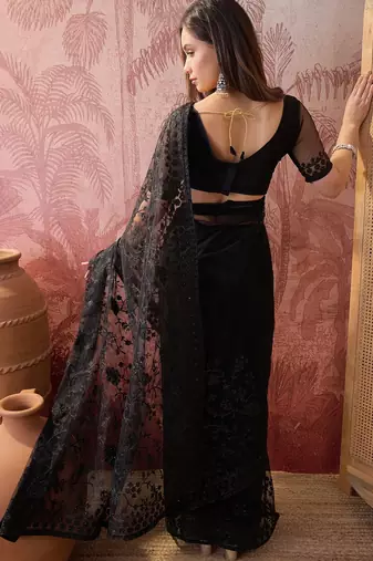 Black embroidered sheer saree with floral motifs