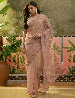 Blush pink embroidered sheer saree with floral motifs 1