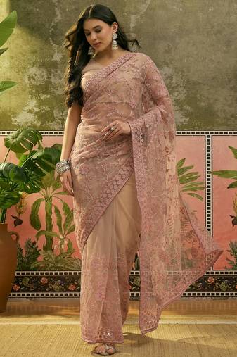 Blush pink embroidered sheer saree with floral motifs