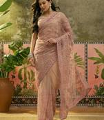 Blush pink embroidered sheer saree with floral motifs