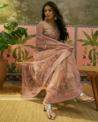 Blush pink embroidered sheer saree with floral motifs 2