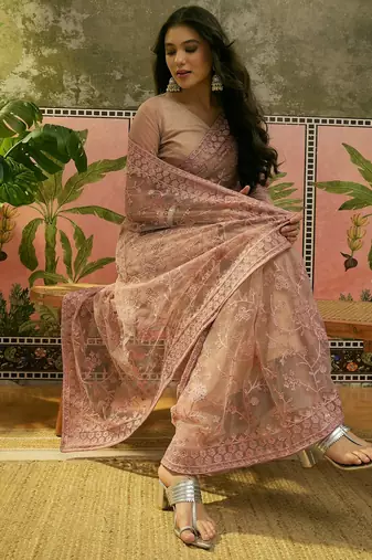 Blush pink embroidered sheer saree with floral motifs