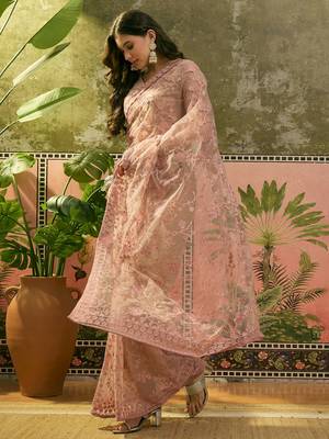 Blush pink embroidered sheer saree with floral motifs 3