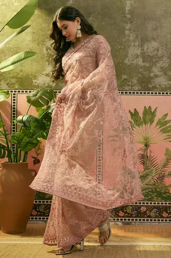 Blush pink embroidered sheer saree with floral motifs