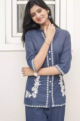 Embroidered Cotton-Linen Co-Ord Set with Pockets
