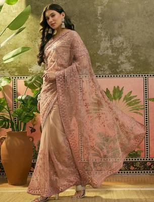Blush pink embroidered sheer saree with floral motifs 4