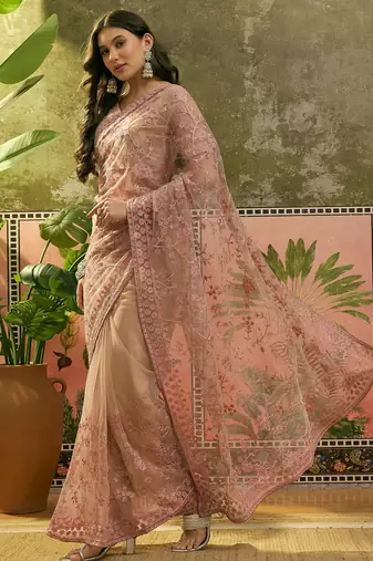 Blush pink embroidered sheer saree with floral motifs