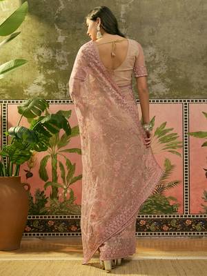 Blush pink embroidered sheer saree with floral motifs 5