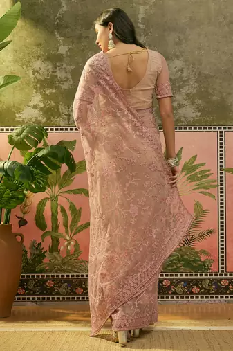 Blush pink embroidered sheer saree with floral motifs