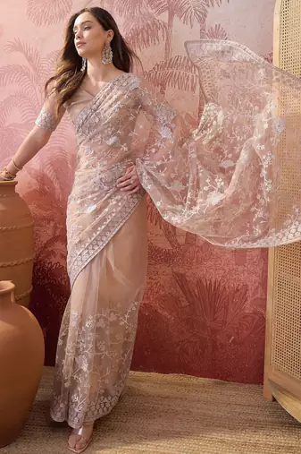 Cement beige embroidered sheer saree with floral motifs