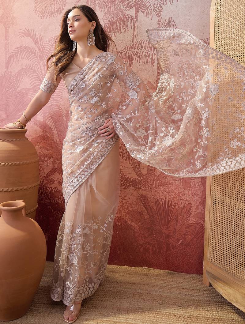Cement beige embroidered sheer saree with floral motifs