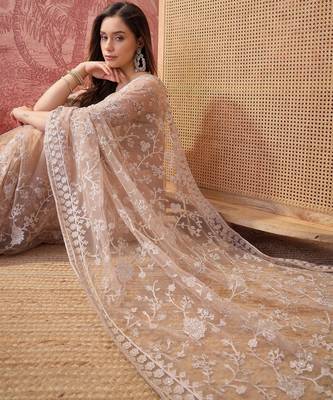 Cement beige embroidered sheer saree with floral motifs 2