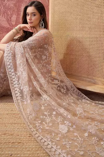 Cement beige embroidered sheer saree with floral motifs