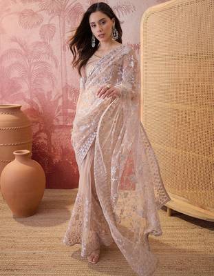 Cement beige embroidered sheer saree with floral motifs 3