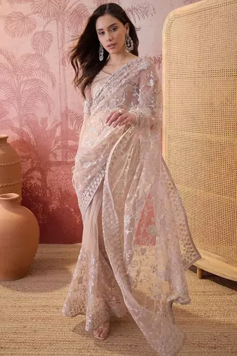 Cement beige embroidered sheer saree with floral motifs