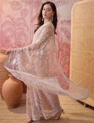 Cement beige embroidered sheer saree with floral motifs 4