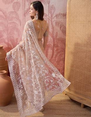 Cement beige embroidered sheer saree with floral motifs 5