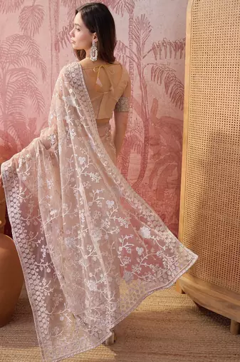 Cement beige embroidered sheer saree with floral motifs