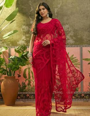 Red embroidered sheer saree with floral motifs 1