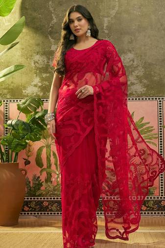 Red embroidered sheer saree with floral motifs