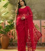 Red embroidered sheer saree with floral motifs