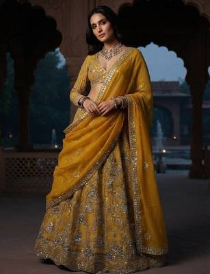 yellow color Coding Sequins Work Net Lehenga Choli set 1