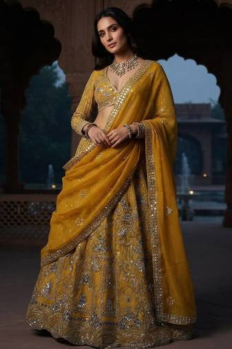 yellow color Coding Sequins Work Net Lehenga Choli set
