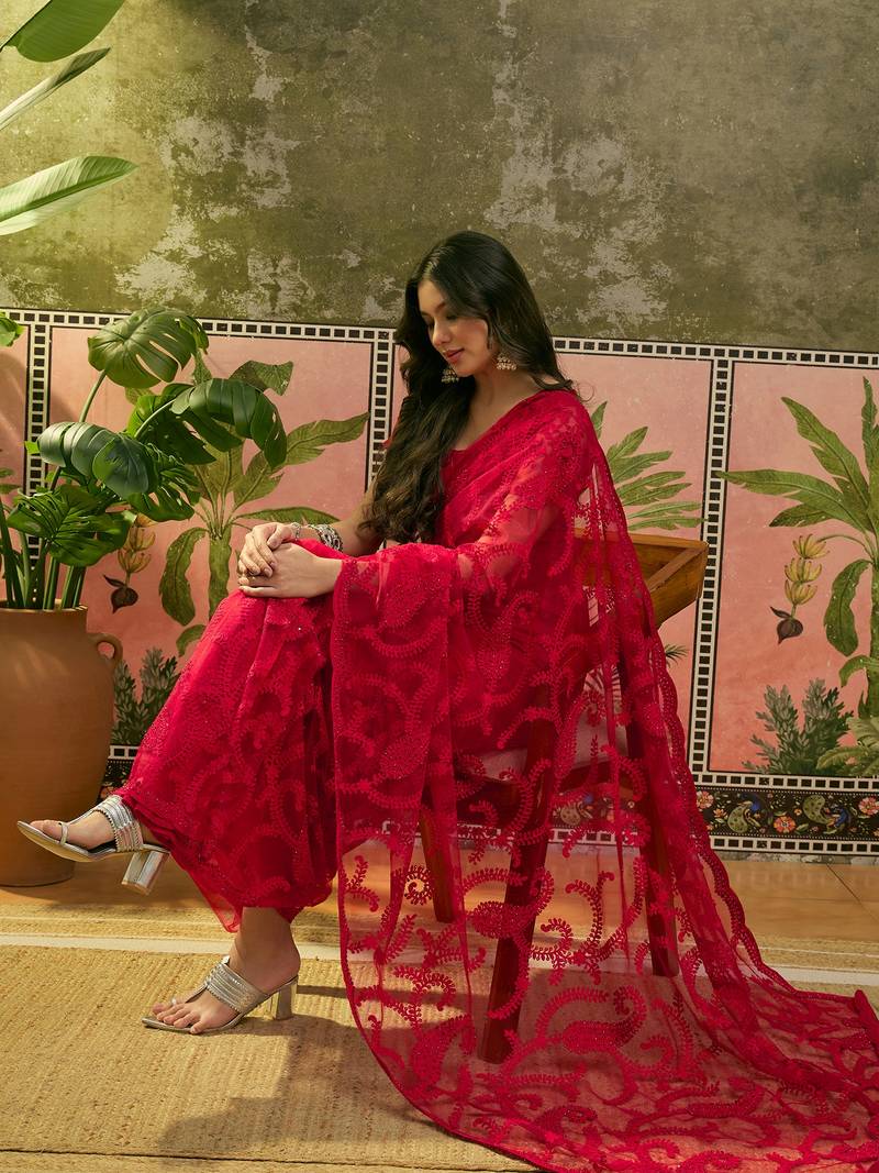 Red embroidered sheer saree with floral motifs